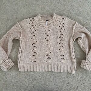 Free People Cream Openwork Knit Crewneck Sweater